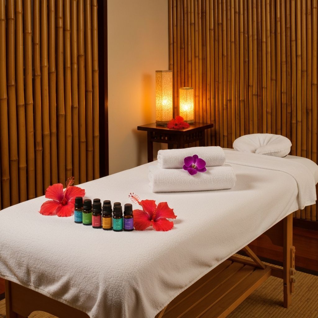 Elegant massage therapy setup with white towels, essential oils and tropical flowers